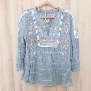 Womens Embroidered Blouse Size S Gray Floral Plaid Boho Cottage Romantic Artsy